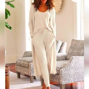 VENUS Cream Ribbed Lounge Set with Long Duster